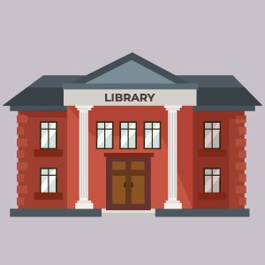 An illustration of a brick library building with two white pillars by the entrance and a grey roof on top of a light grey background