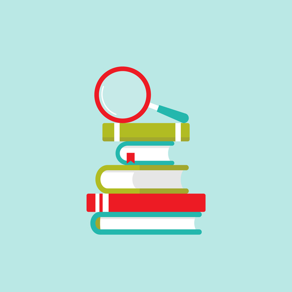 Stack of colorful books with magnifying glass. Isolated on powder blue background. Flat icon. Vector illustration. Knowledge logo. Education and information search. online course