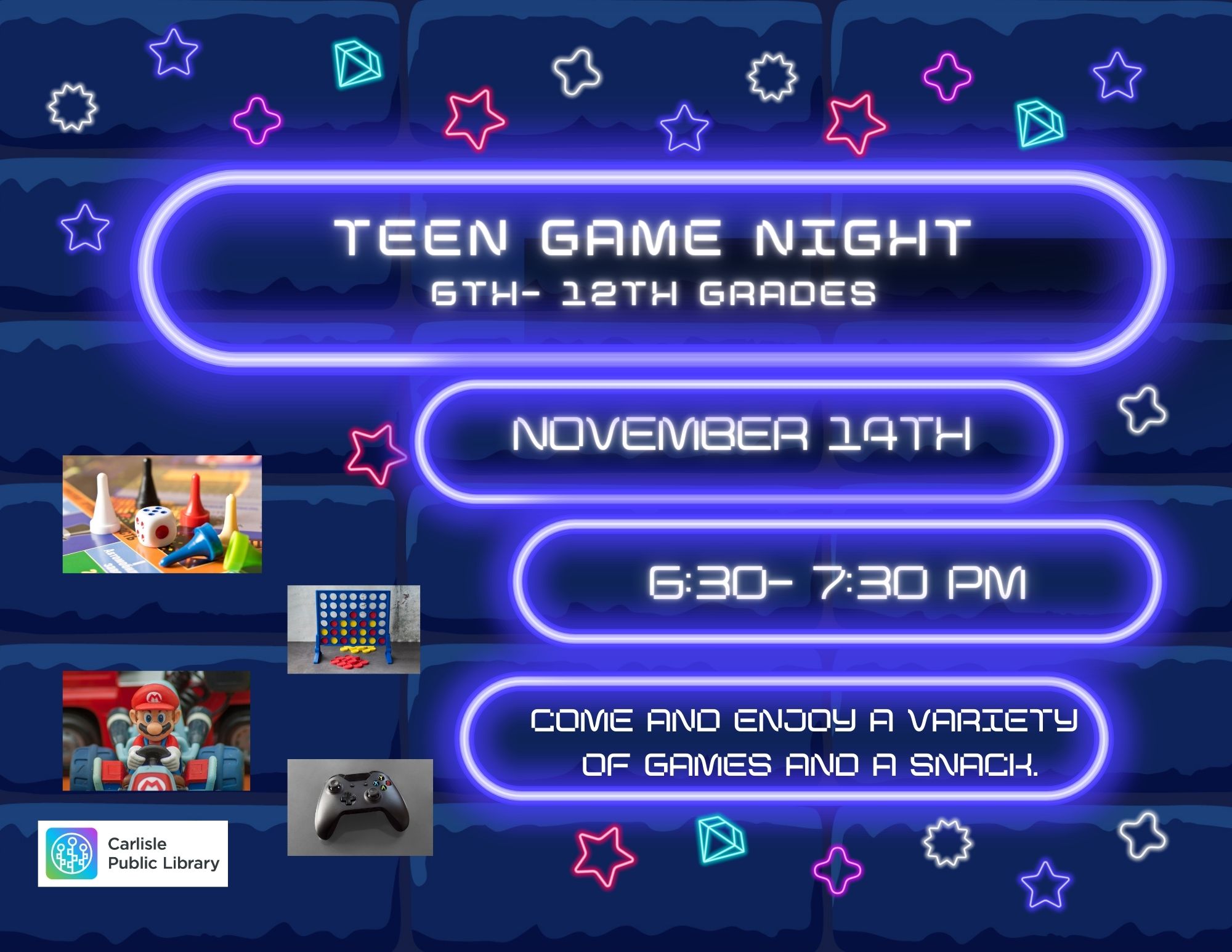 A neon-themed poster for Teen Game Night at Carlisle Public Library for 6th-12th graders on November 14th, 6:30-7:30 PM. Features images of toys, board games, a game controller, and colorful icons on a dark background.