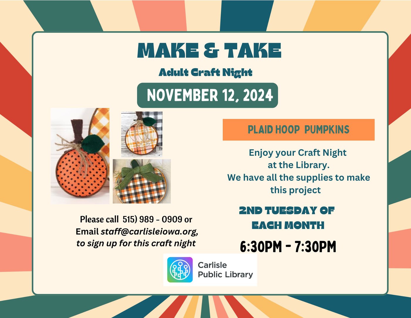 Flyer for "Make & Take: Adult Craft Night" on November 12, 2024, featuring plaid hoop pumpkins. Event at Carlisle Public Library from 6:30 PM to 7:30 PM. Contact info and registration details included.