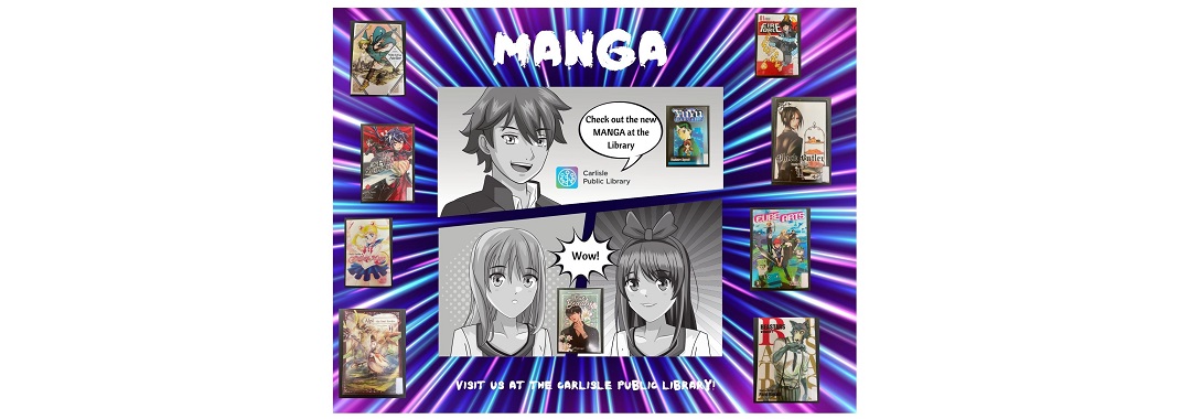 A colorful poster promoting manga at a library. It features two comic-style characters with speech bubbles and showcases various manga covers. The background has a dynamic purple and blue radial design.