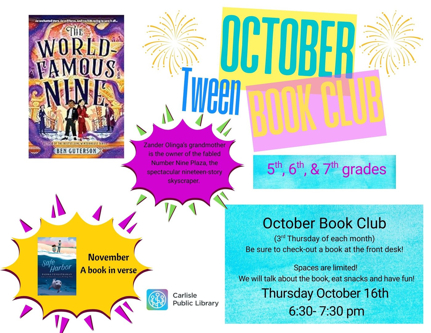 Colorful flyer for the Carlisle Public Library’s October Tween Book Club for 5th–7th graders, featuring “The World Famous Nine” book cover, event details, and a preview of a November book in verse.