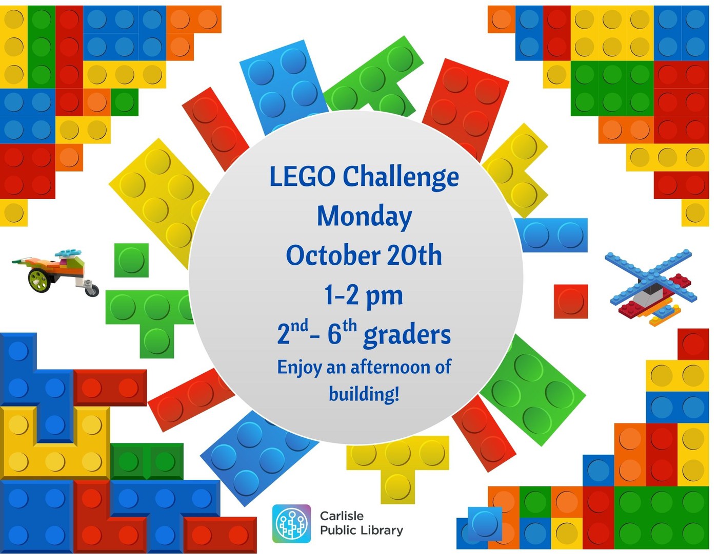A colorful LEGO-themed flyer announces a LEGO Challenge on Monday, October 20th, from 1–2 pm for 2nd–6th graders at Carlisle Public Library. LEGO bricks and models border the text.