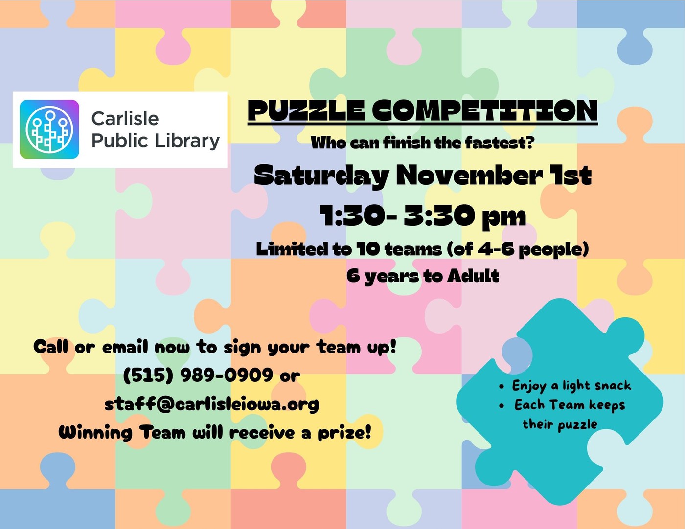 Flyer on a pastel puzzle piece background for a "Puzzle Competition" at Carlisle Public Library on Saturday, Nov 1, 1:30–3:30 pm. Teams of 4–6, ages 6 to adult. Contact info and event details included.