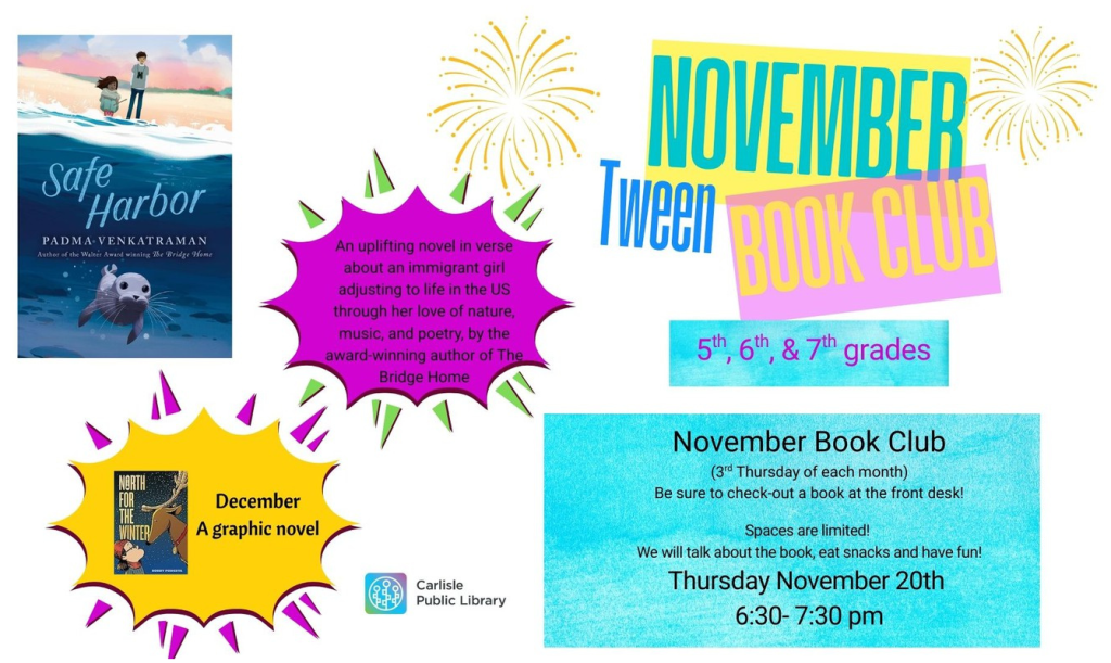 A book club poster with text and images.