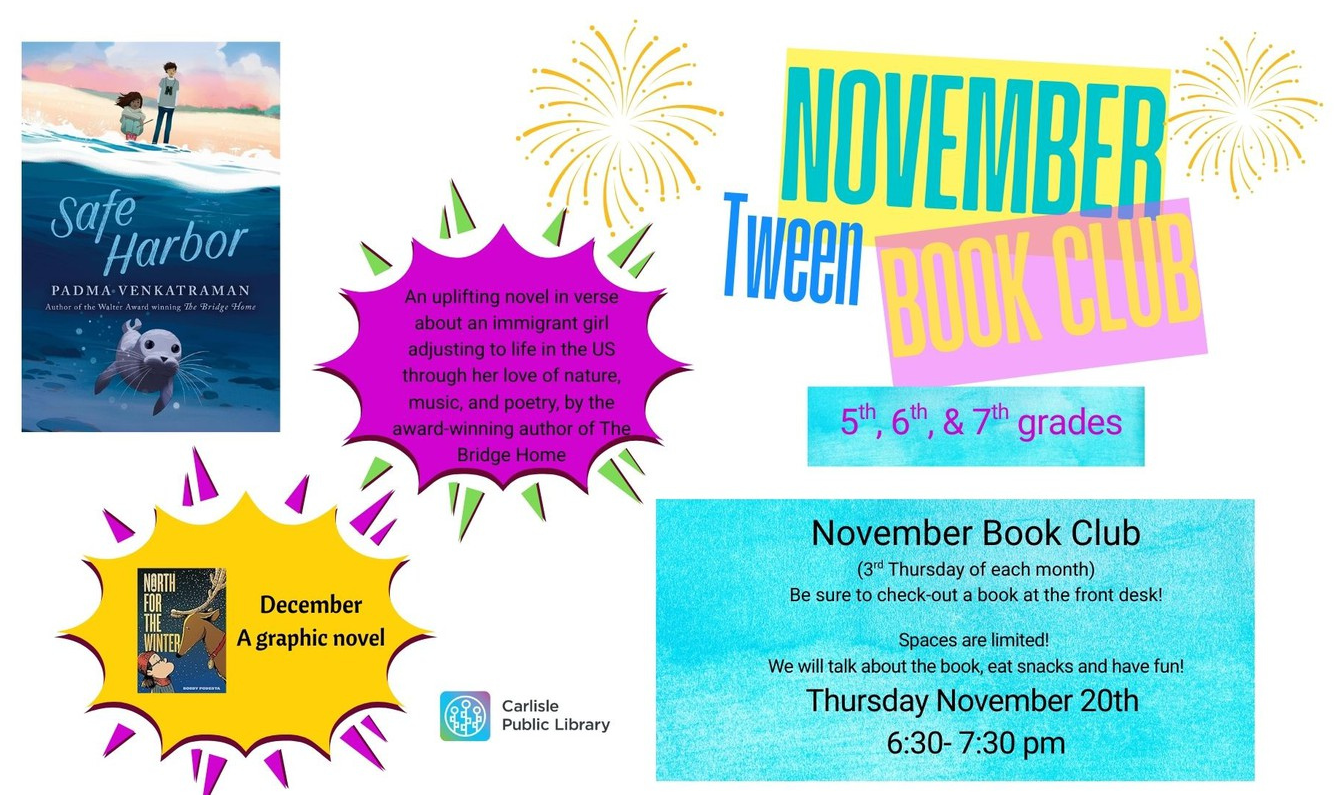 A book club poster with text and images.