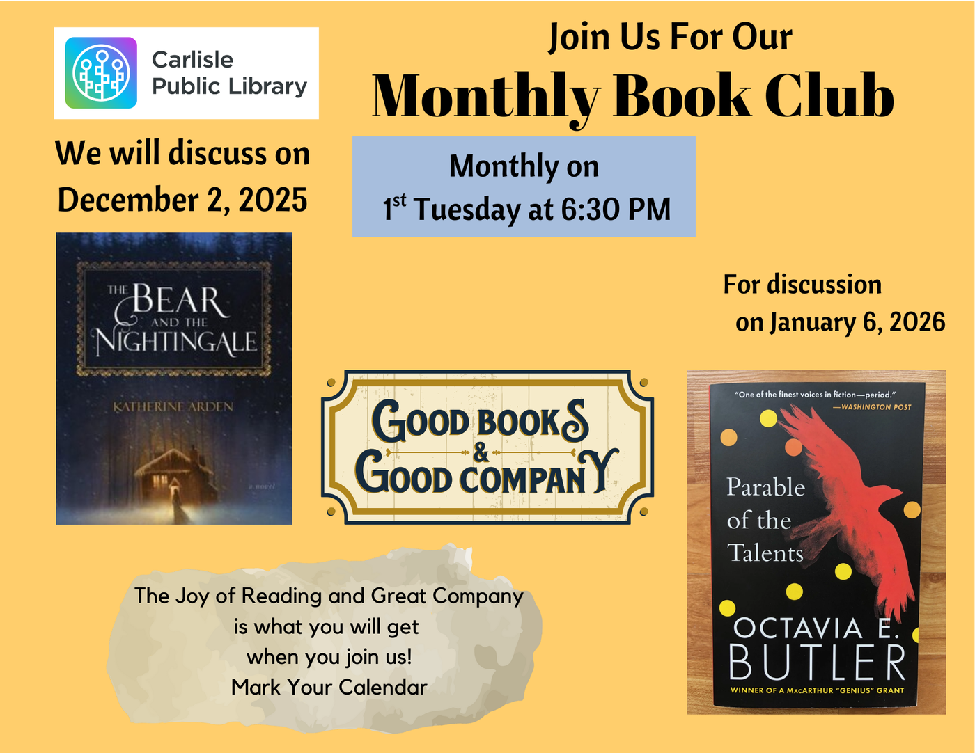 Flyer for Carlisle Public Library Monthly Book Club with book covers for "The Bear and the Nightingale" and "Parable of the Talents," meeting dates, and club details on a yellow background.