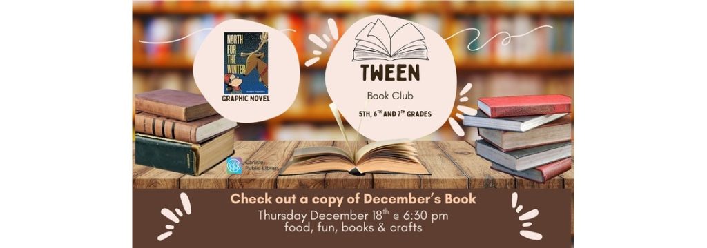 A library-themed flyer for a Tween Book Club for 5th to 7th graders featuring "Night of the Living Louie." The event is on December 18th at 6:30 pm with food, fun, books, and crafts.